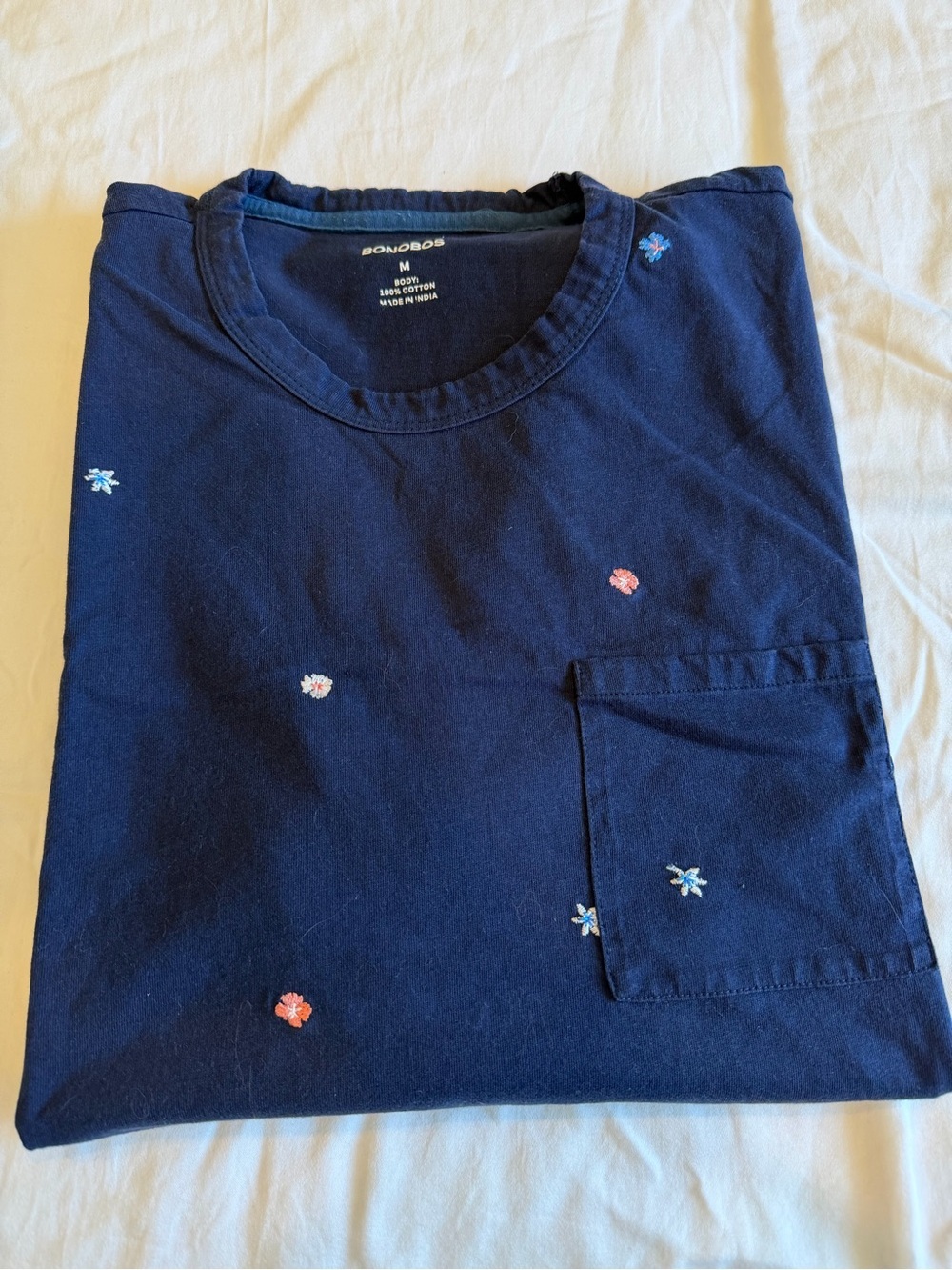 Bonobos Navy Short-Sleeve Pocket Tee with Small Embroidered Flowers